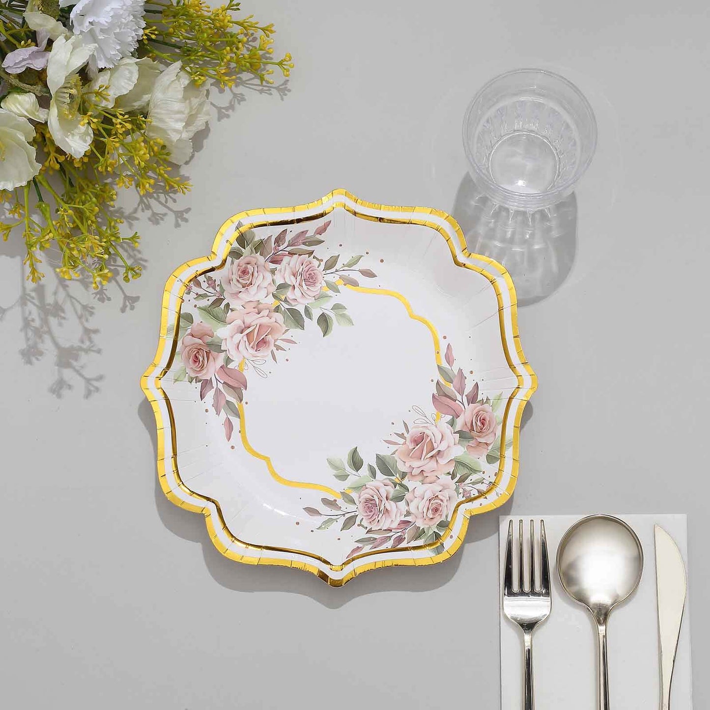 25-Pack Paper 8" Dessert Plates in White with Floral Print & Gold Scallop Rim - Disposable 300GSM Appetizer Salad Plates for Cocktail Events & Receptions