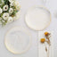 10-Pack Plastic 7" Round Dessert Plates in White with Gold Wave Brush Strokes Pattern - Disposable Appetizer Salad Plates for Modern & Classy Table Decor