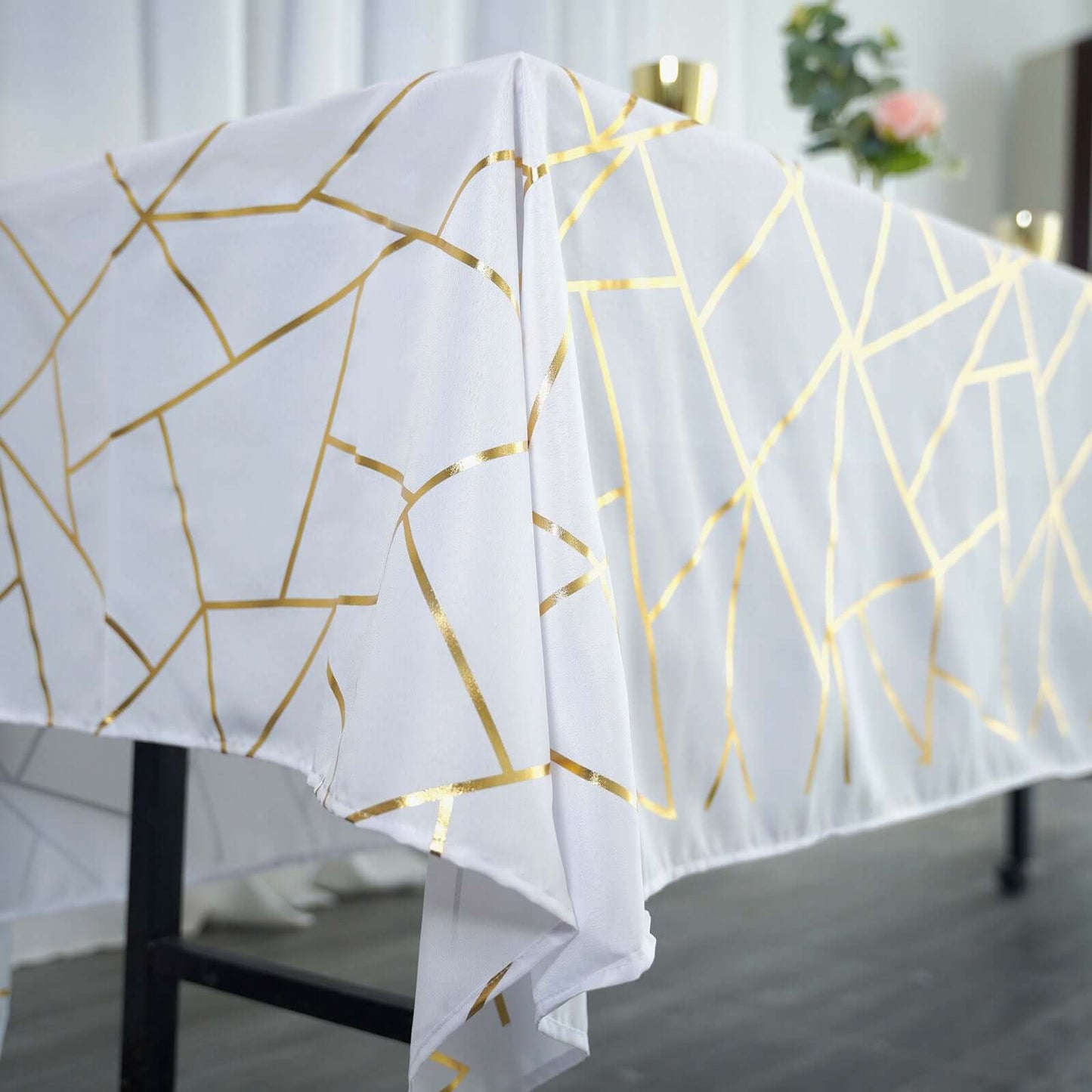 Polyester 60"x102" Rectangle Tablecloth White with Gold Foil Geometric Pattern - Wrinkle-Resistant and Durable Table Cover for Weddings & Events