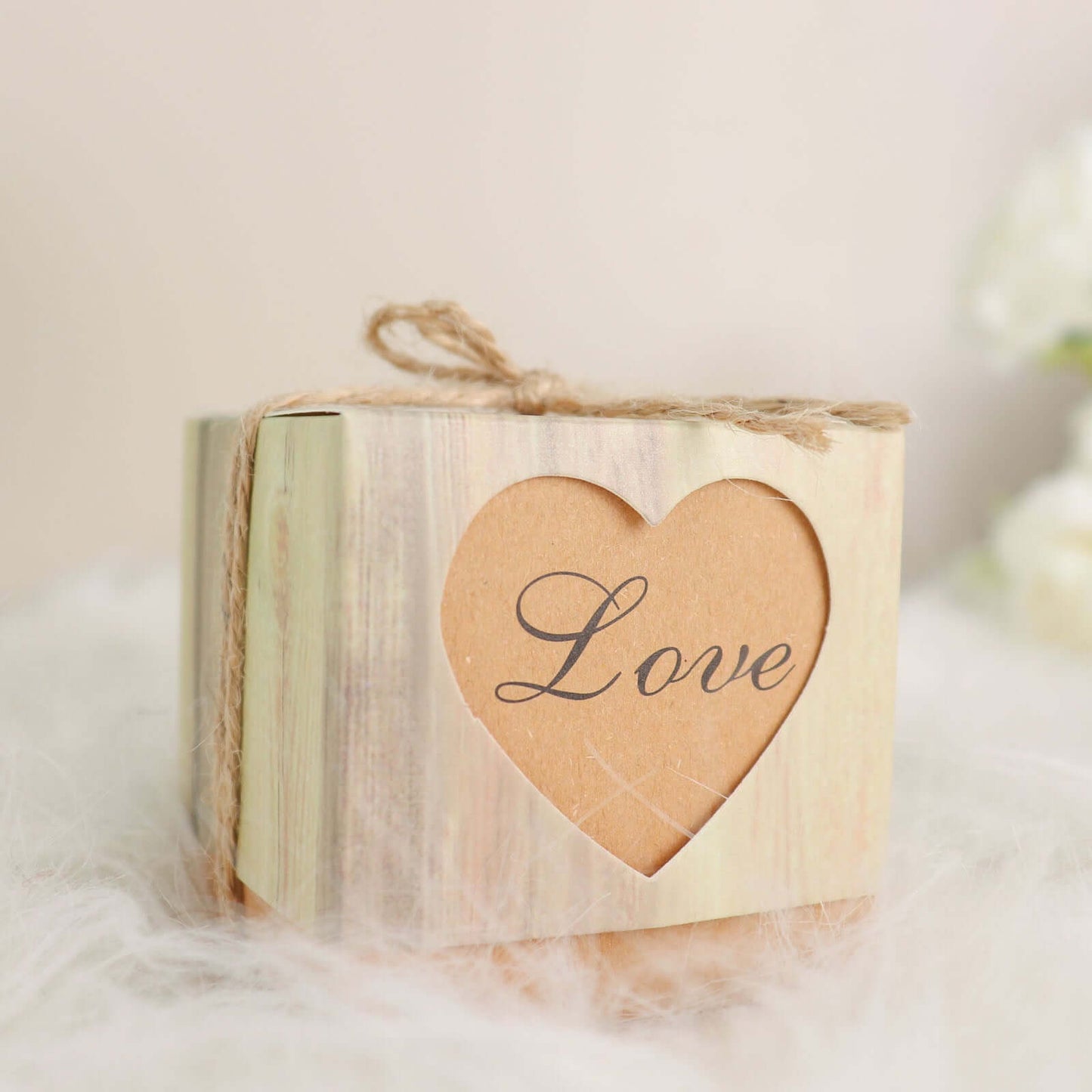 25 Pack 2.5" Rustic Wood Pattern Natural Brown Paper Candy Gift Boxes, Square Party Favor Boxes with Burlap Jute Twine and Love Heart Cut Out