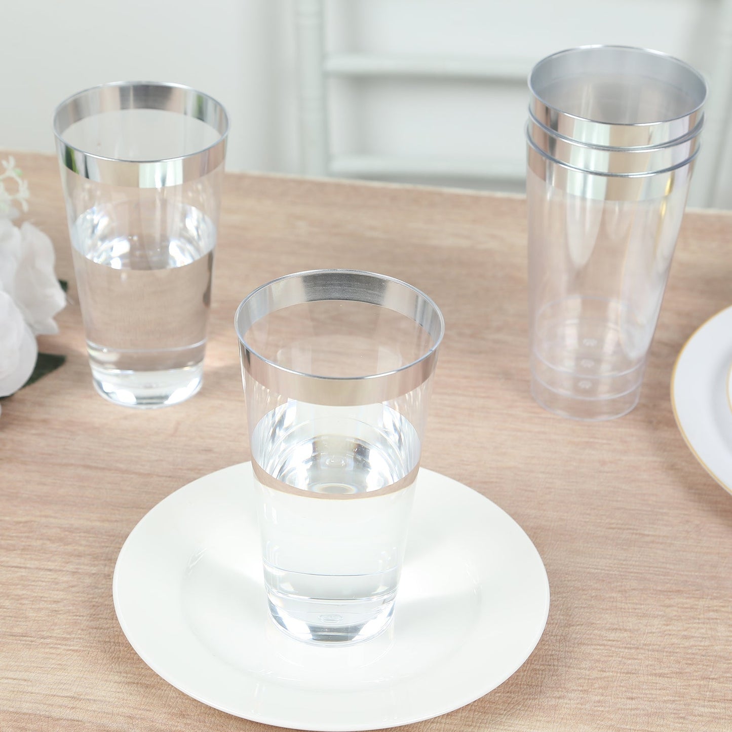 12-Pack Plastic Party Cups Clear with Silver Rim - Durable Disposable Tumblers for Drinks 17oz 5.5"