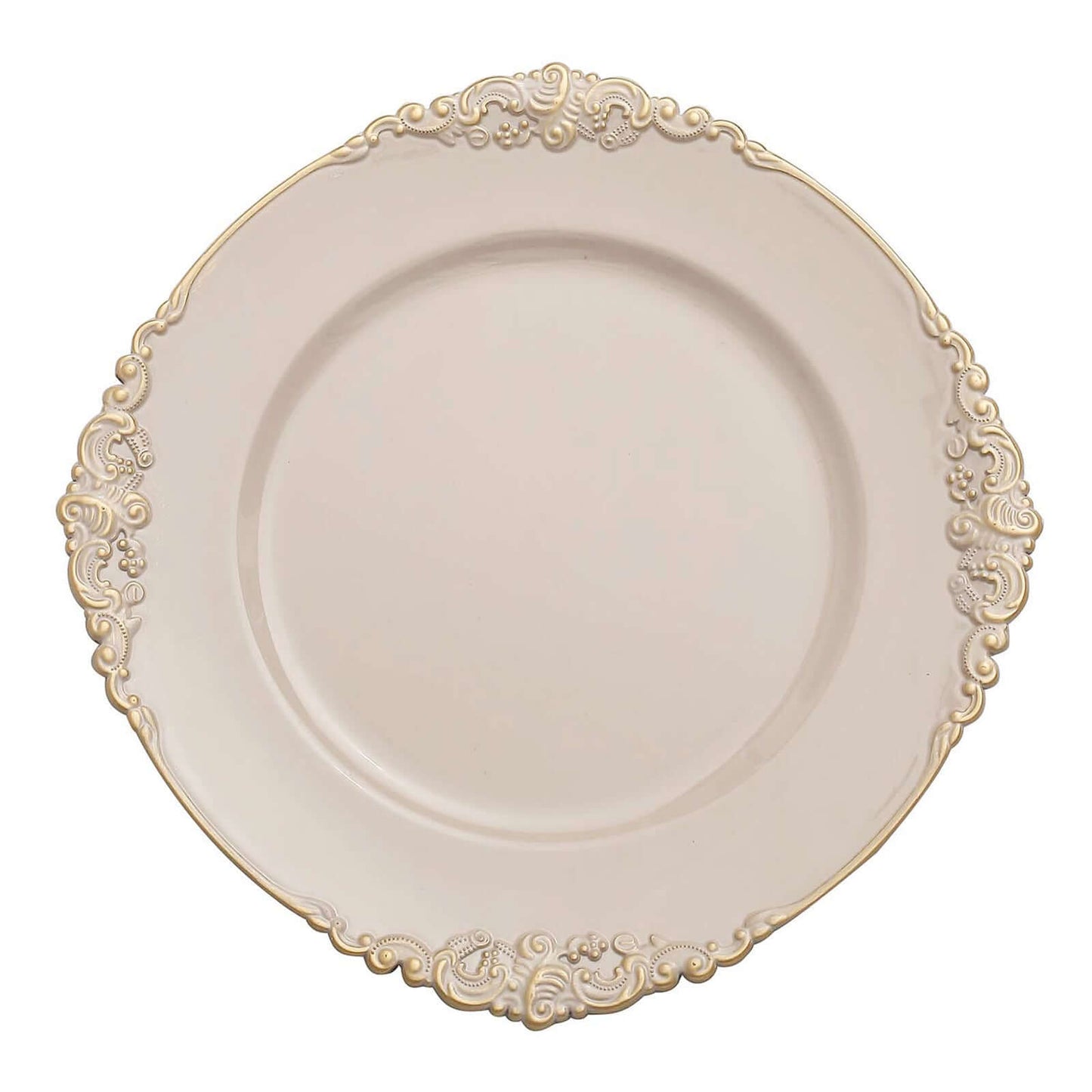 6-Pack Acrylic Round Charger Plates 13" in Nude Taupe with Gold Embossed Baroque Rim, Antique Decorative Dinner Party Charger Tableware