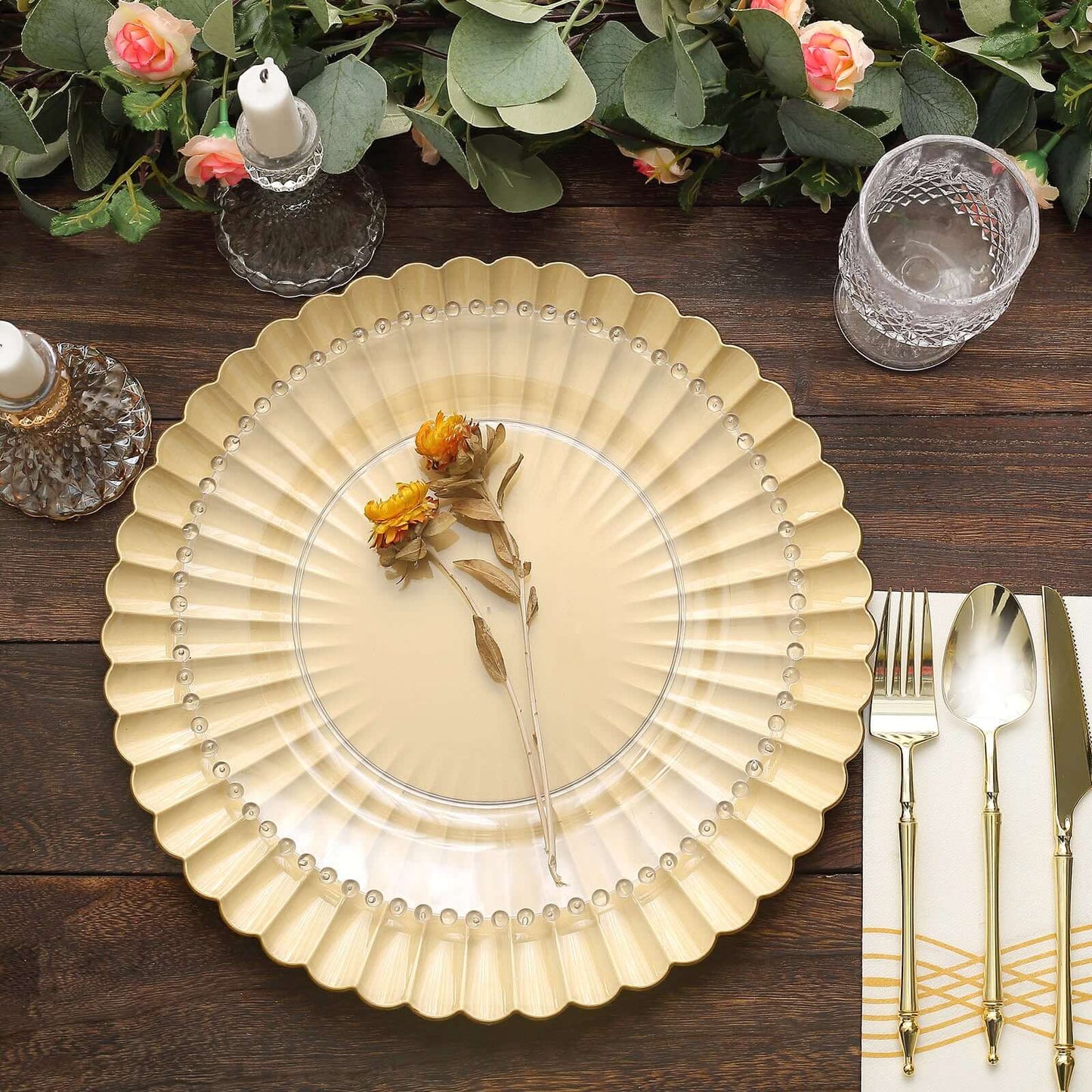 6-Pack Plastic Round Charger Plates 13" in Gold with Scalloped Shell Pattern, Coastal Inspired Disposable Charger Tableware