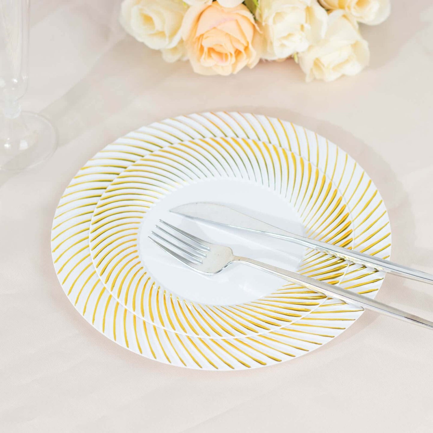 10-Pack Plastic 7" Round Dessert Plates in White with Gold Swirl Rim - Disposable Salad Plates for Classy Events & Banquets