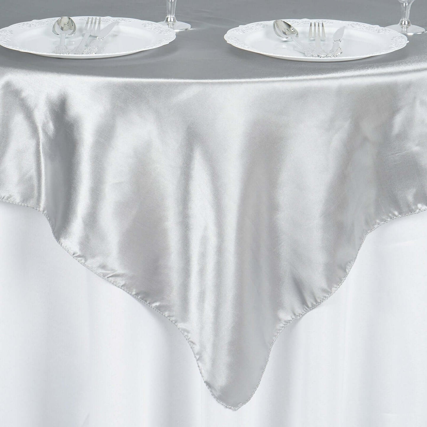 Satin 60"x60" Table Overlay Square Tablecloth Silver - Smooth Silky Touch Table Cover
