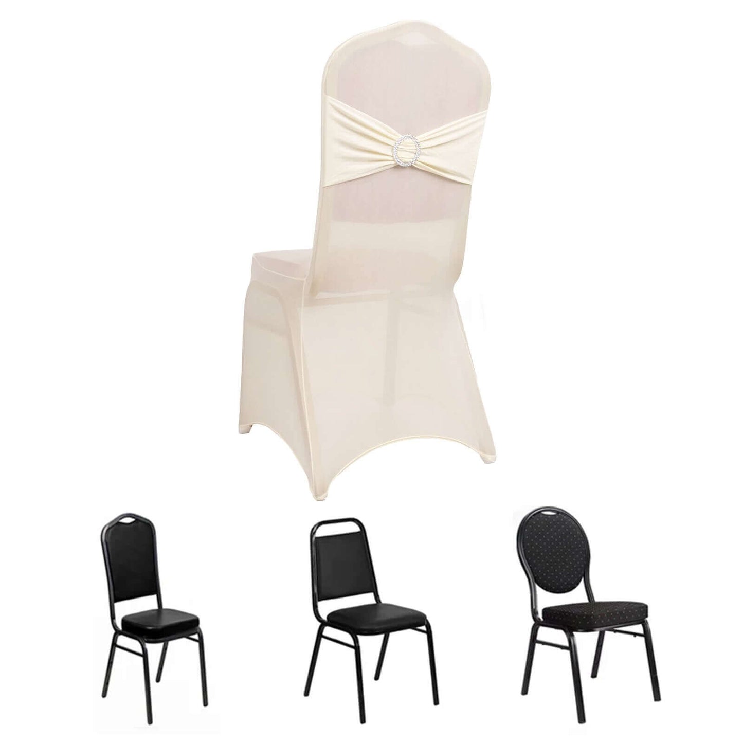 Spandex Chair Cover with Silver Rhinestone Buckled Sash Band Ivory - Stretch Fitted Slipcover