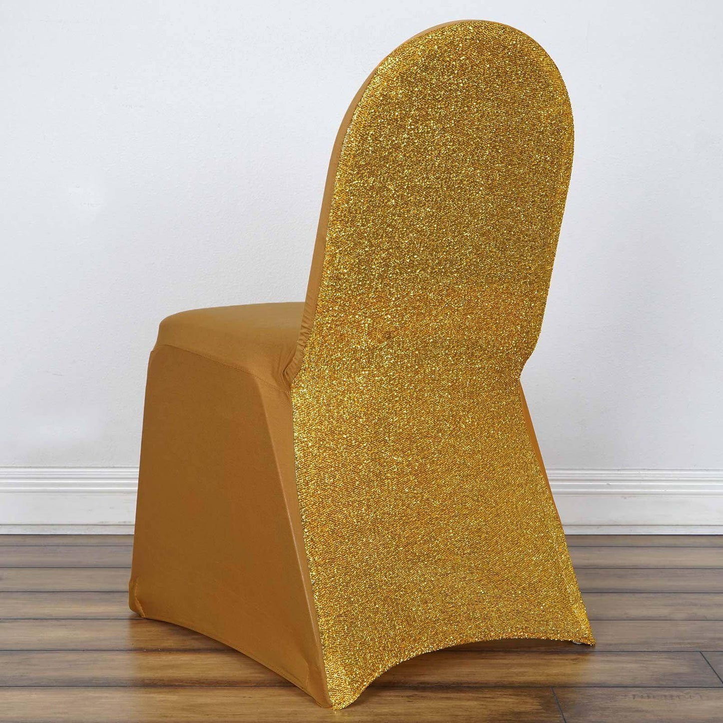 Spandex Chair Cover with Metallic Shimmer Tinsel Back for Banquet Chairs Gold - Luxe Fitted Slipcover for Weddings & Parties