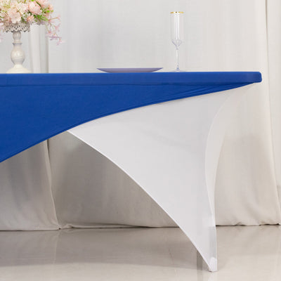 Stretch Spandex 72"x30" Rectangle Table Cover Royal Blue/White Cross Over Design - Two-Piece Fitted Tablecloth with Elastic Foot Pockets