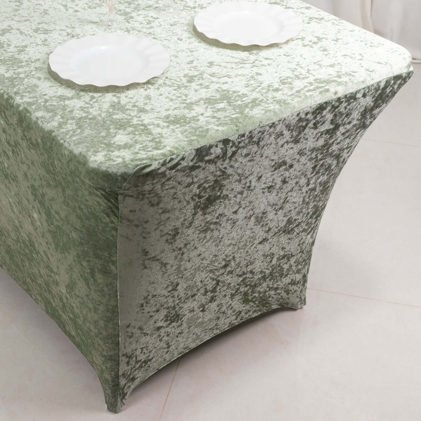 Crushed Velvet Fitted Rectangular 6ft Table Cover Sage Green - Wrinkle-Free Stretchy Tablecloth