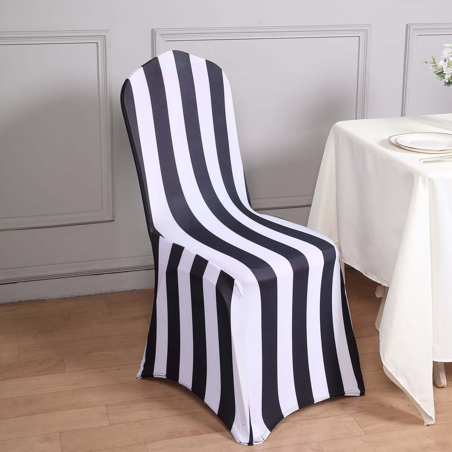 Spandex Chair Cover with Foot Pockets for Banquet Chairs Black/White 2" Stripes - Durable 160GSM Fitted Slipcover for Weddings & Gatherings