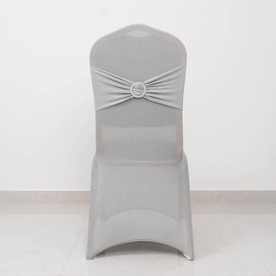 Spandex Chair Cover with Rhinestone Buckled Sash Band Silver - Stretch Fitted Slipcover