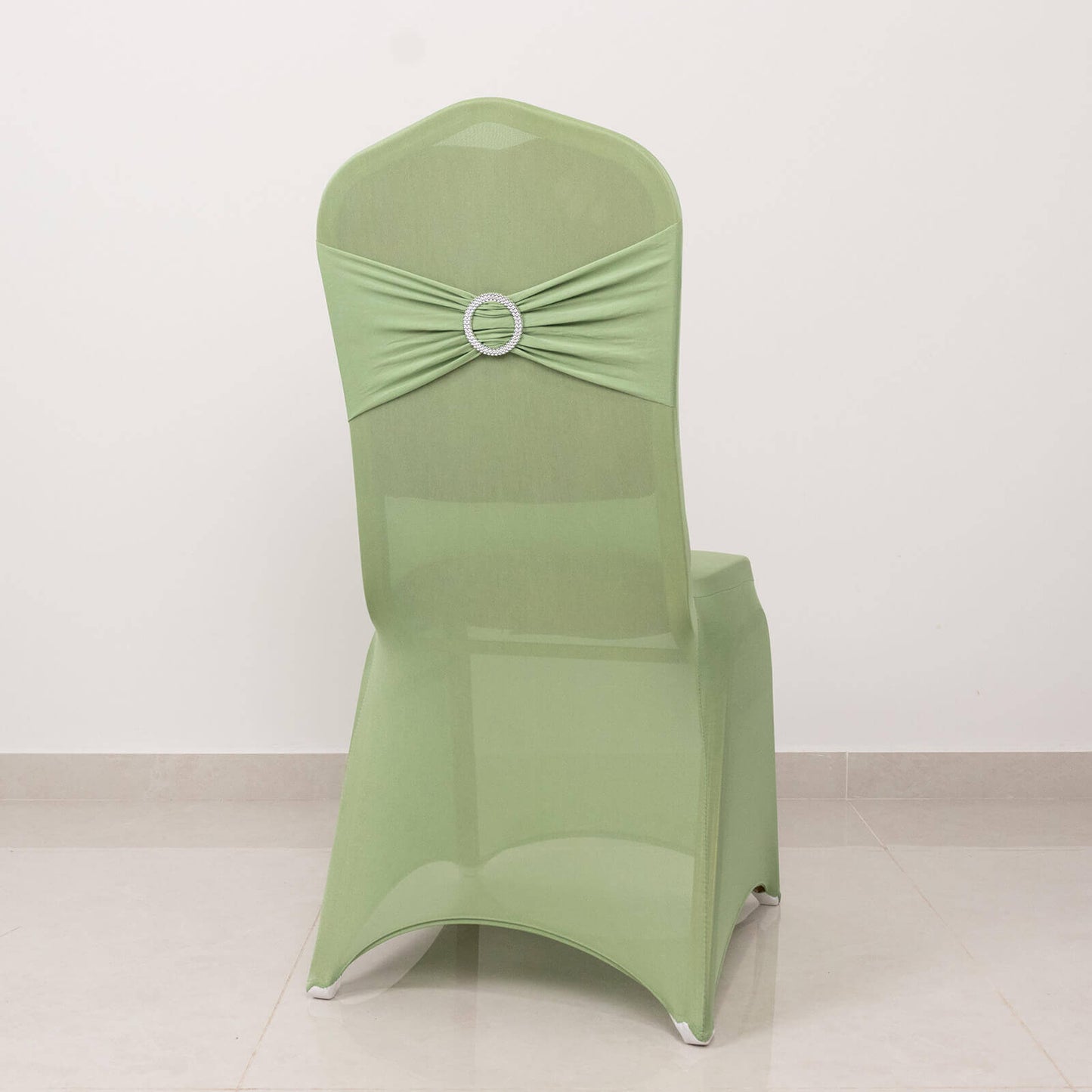 Spandex Chair Cover with Silver Rhinestone Buckled Sash Band Sage Green - Stretch Fitted Slipcover
