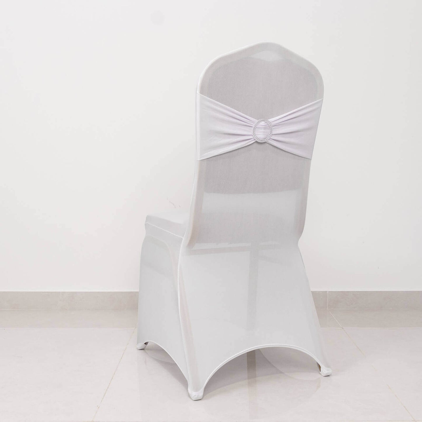 Spandex Chair Cover with Silver Rhinestone Buckled Sash Band White - Stylish Stretch Fitted Slipcover for Banquets & Events