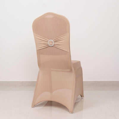 Spandex Chair Cover with Silver Rhinestone Buckled Sash Band Nude - Stretch Fitted Slipcover