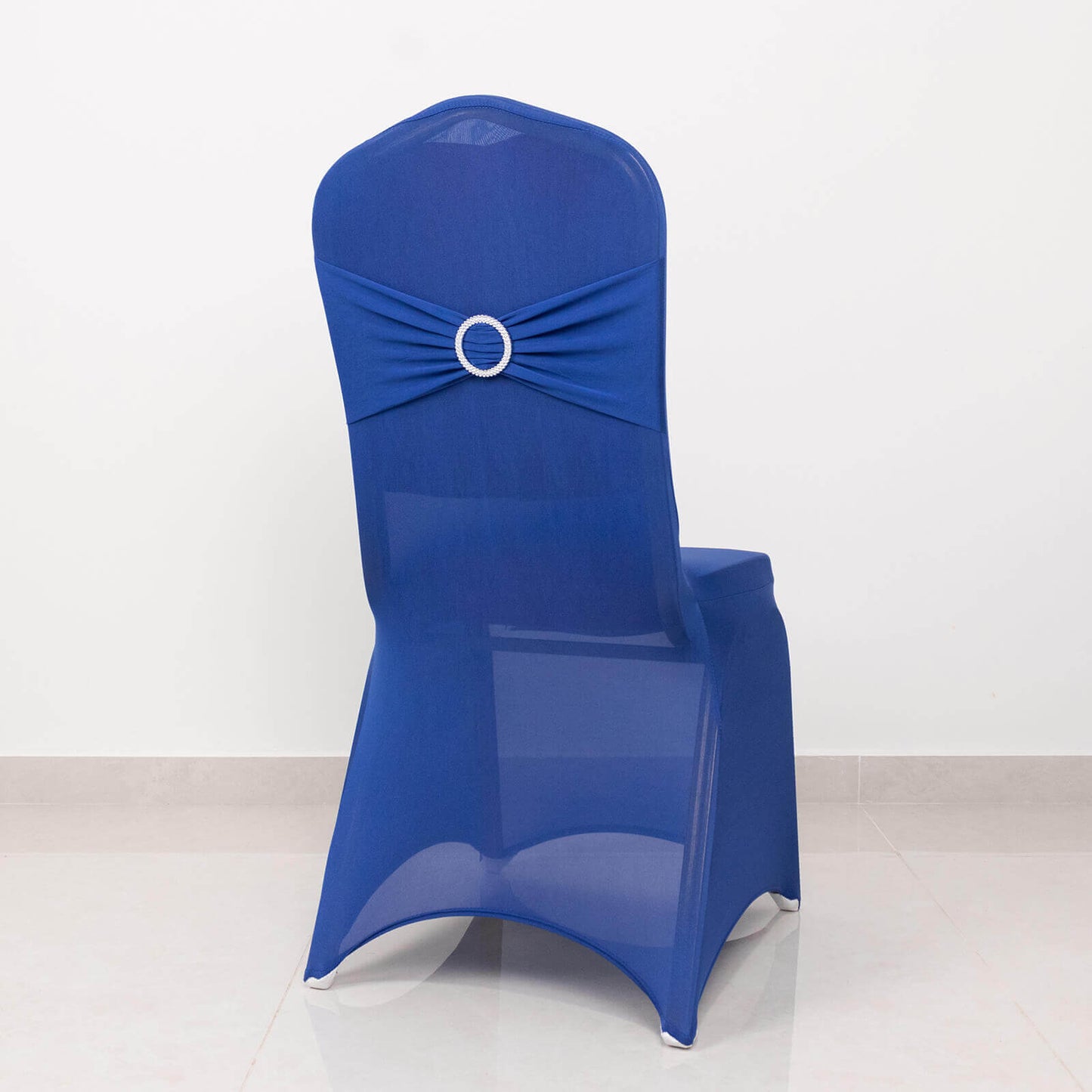 Spandex Chair Cover with Silver Rhinestone Buckled Sash Band Royal Blue - Stretch Fitted Slipcover