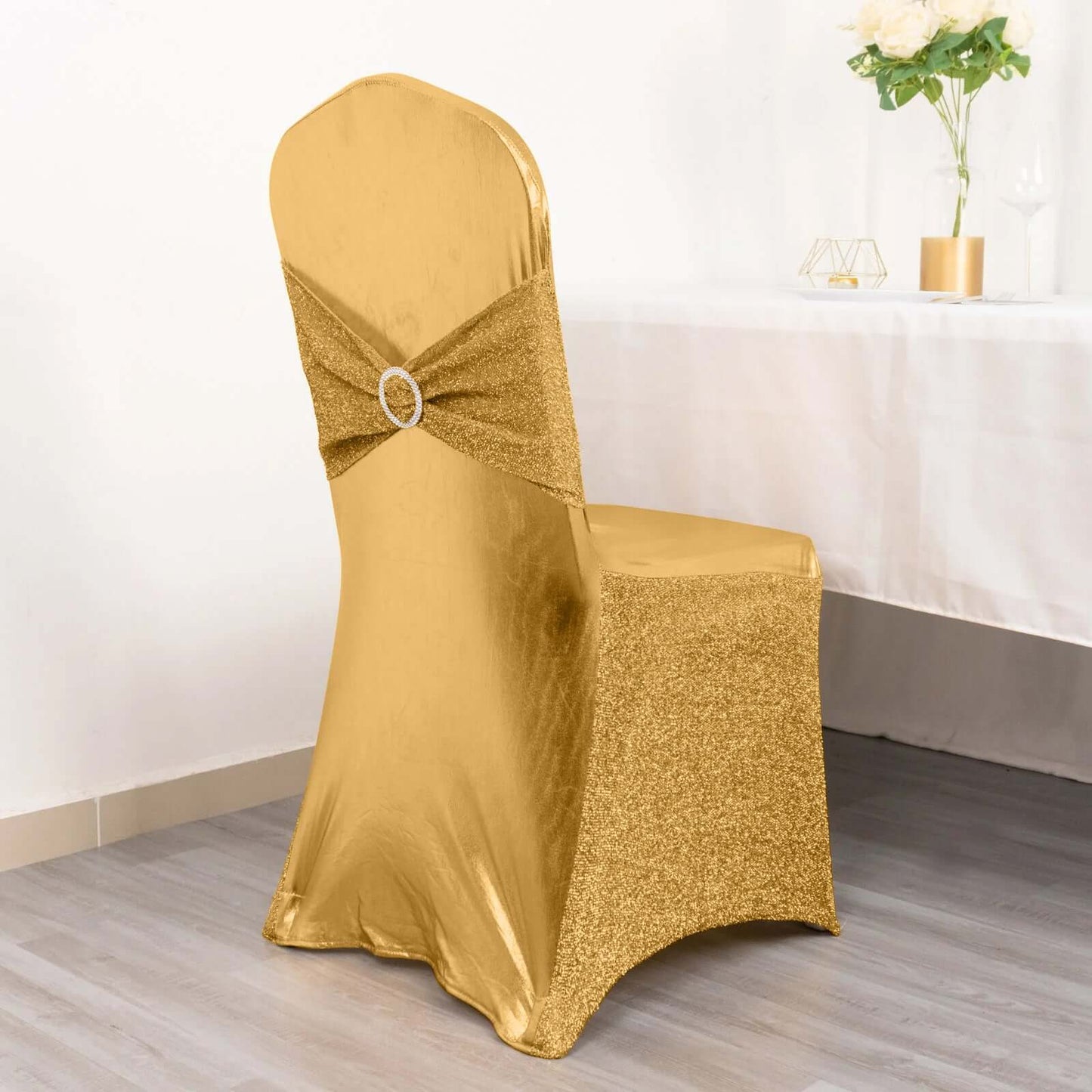 Spandex Banquet Chair Cover Metallic Gold Tinsel with Sash and Rhinestone Buckle - Luxe Shimmering Fitted Slipcover for Events