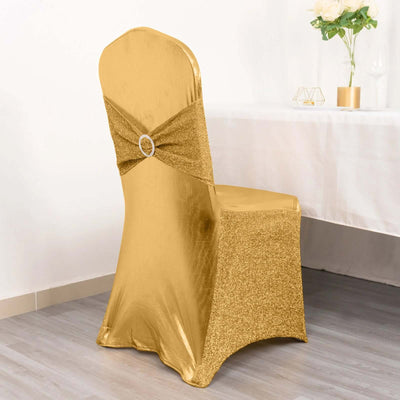 Spandex Banquet Chair Cover Metallic Gold Tinsel with Sash and Rhinestone Buckle - Luxe Shimmering Fitted Slipcover for Events