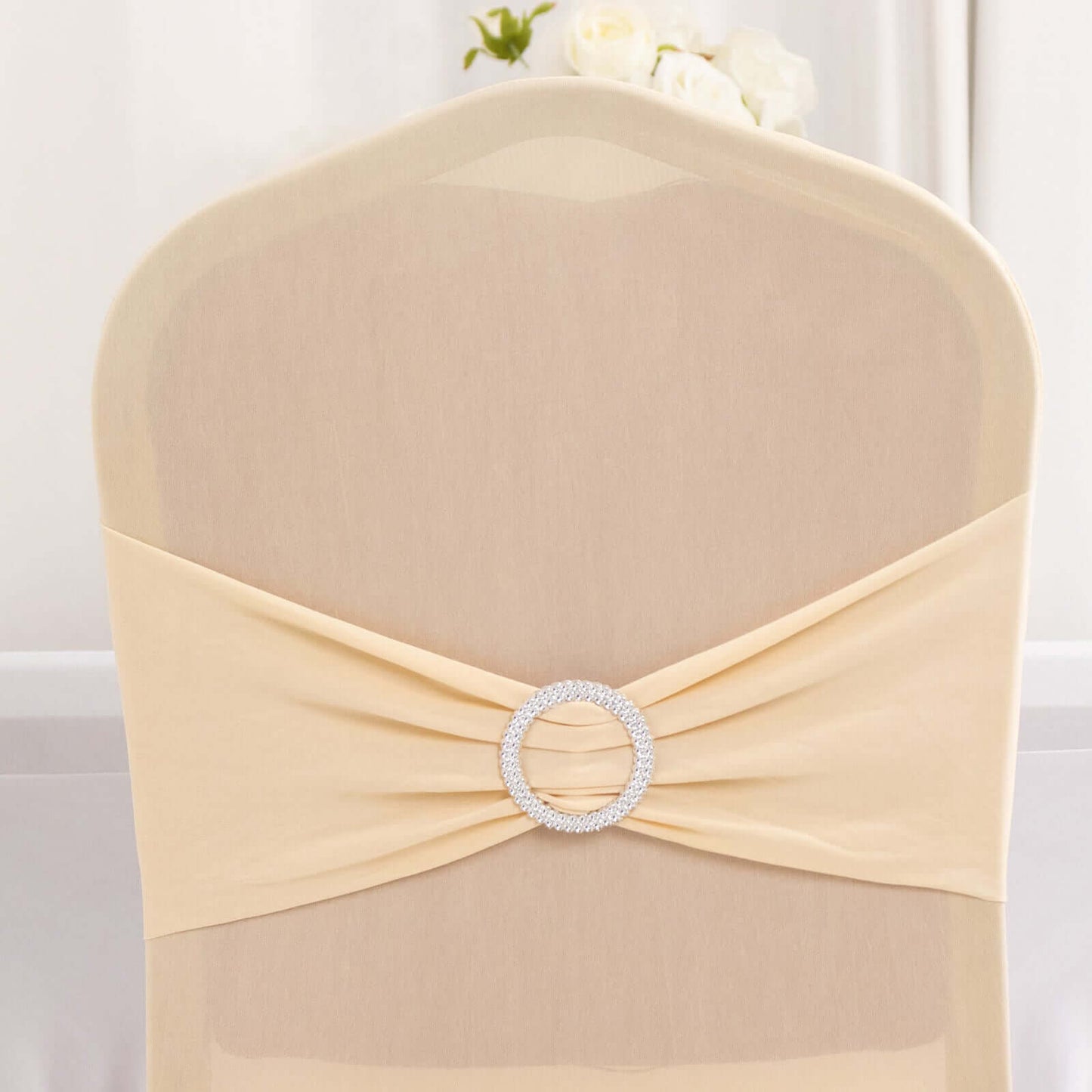 Spandex Chair Cover with Silver Rhinestone Buckled Sash Band Beige - Stretch Fitted Slipcover