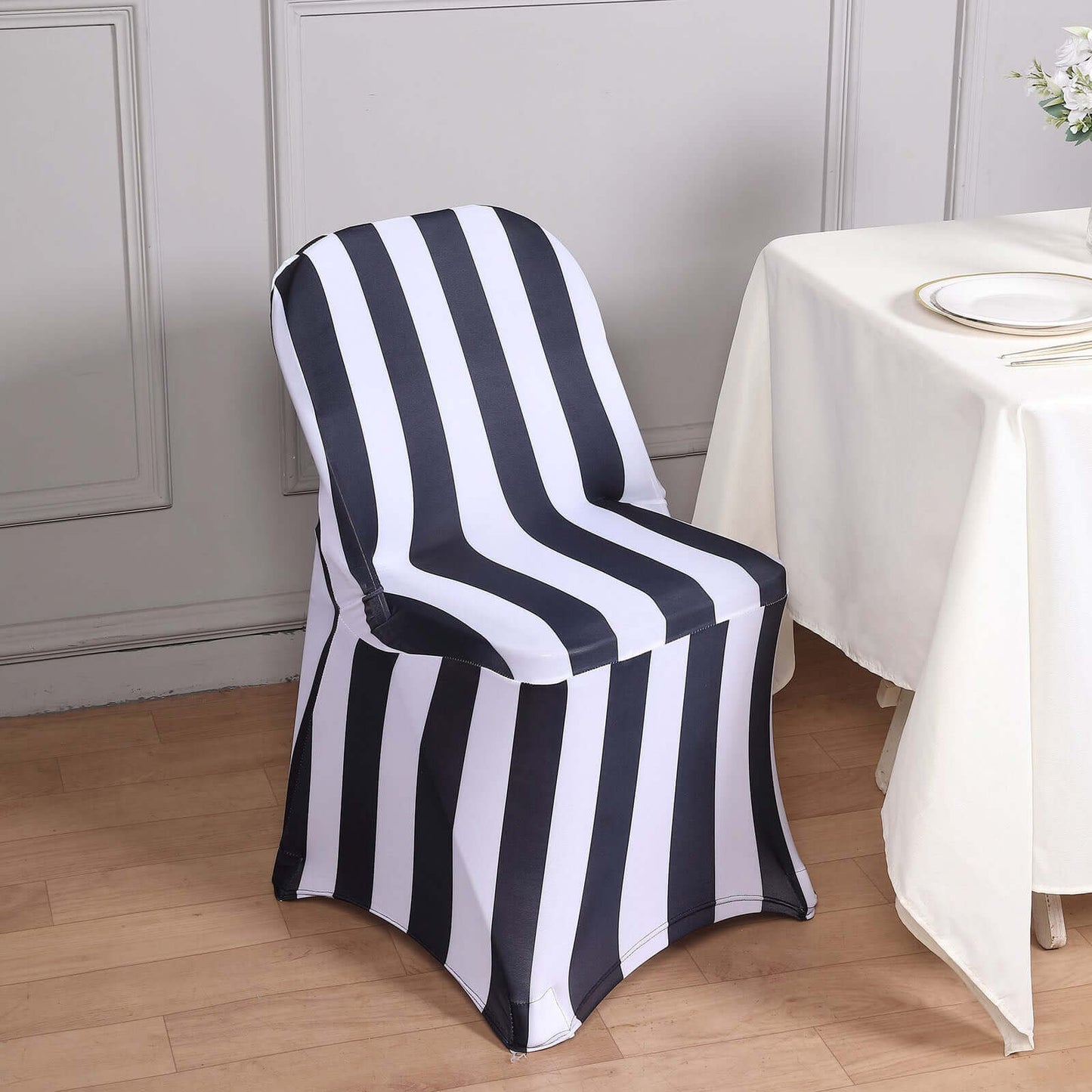 Stretch Spandex Chair Cover Black/White for Folding Chairs - 2" Striped Wrinkle Resistant Classy 160GSM Fitted Slipcover With Foot Pockets