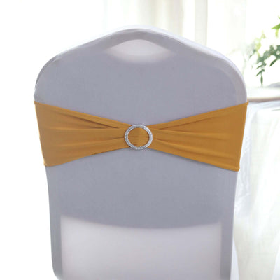 5 Pack Stretch Spandex Chair Sashes Gold - Classy Reusable Chair Bands with Silver Diamond Ring Slide Buckle 5"x14"