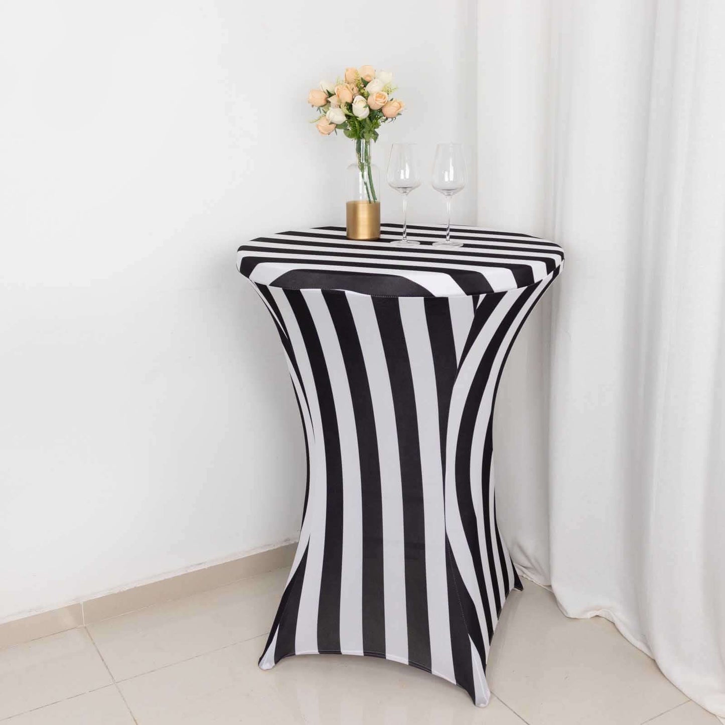 Spandex 30" Fitted Round Cocktail Table Cover Black/White Striped - Easy to Maintain Stretch Tablecloth