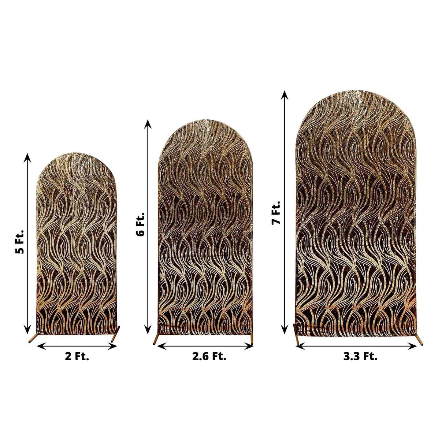 Set of 3 Black Wave Mesh Chiara Wedding Arch Covers With Gold Embroidered Sequins, Fitted Covers For Round Top Backdrop Stands - 5ft,6ft,7ft