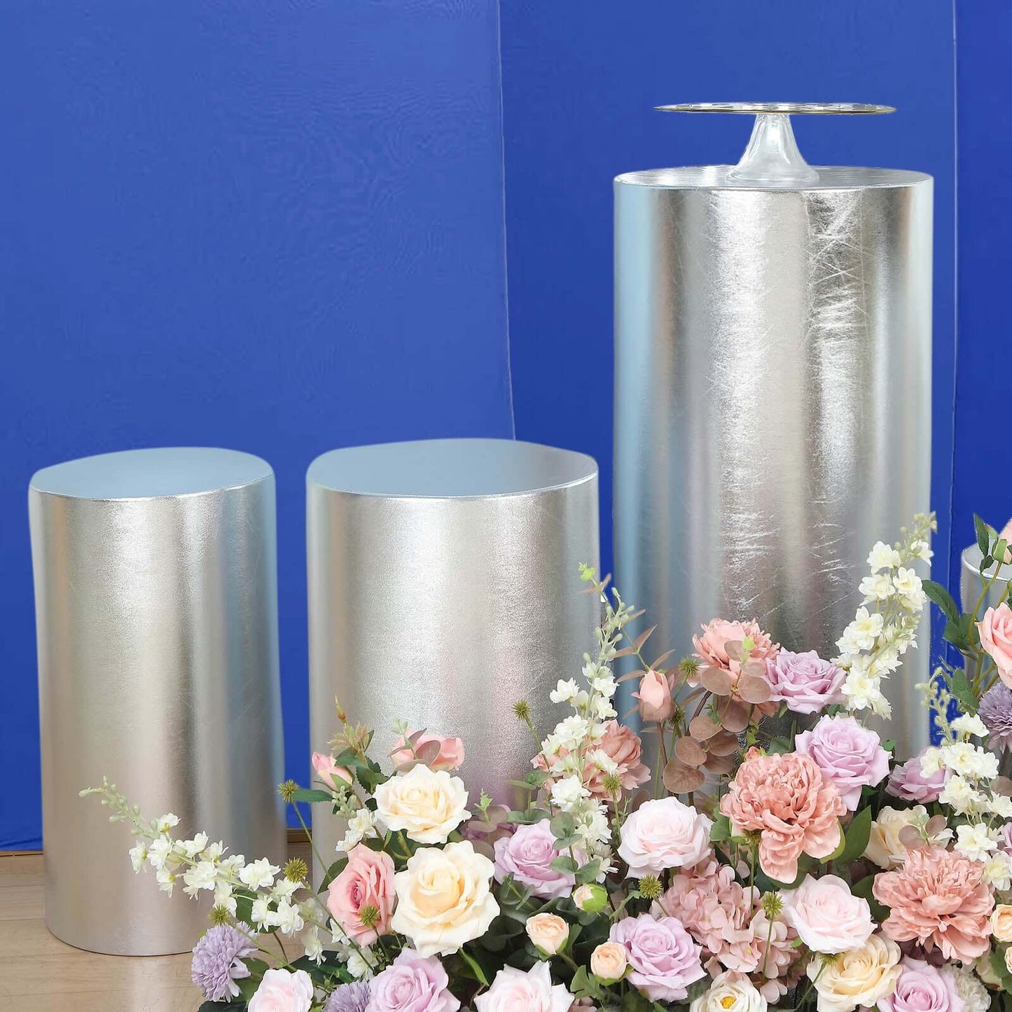 Set of 5 Metallic Silver Spandex Cylinder Pedestal Stand Covers, Shiny Stretchable Pillar Prop Covers - 130 GSM