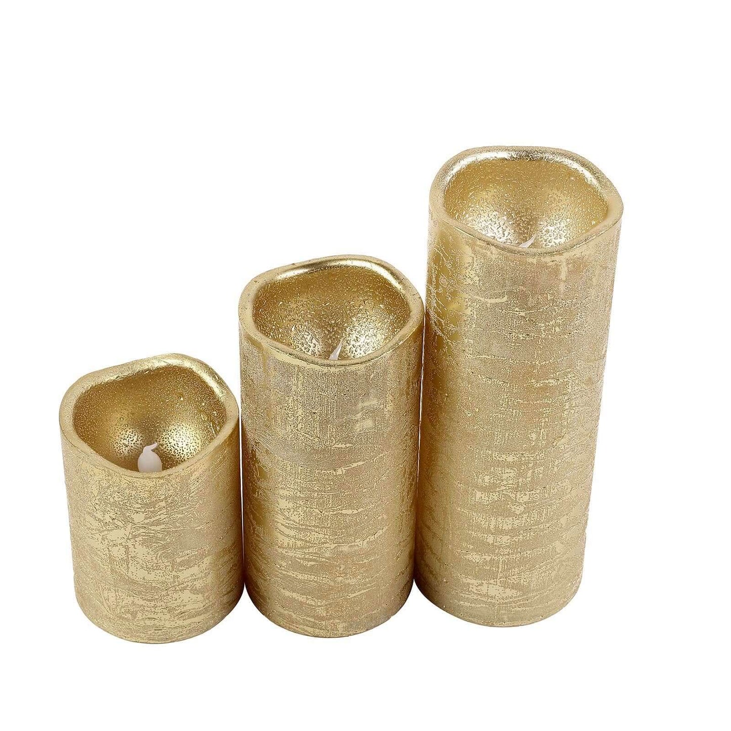 Set of 3 LED Flameless Pillar Candles Remote Operated Metallic Gold - Battery Powered 4", 6", 8"
