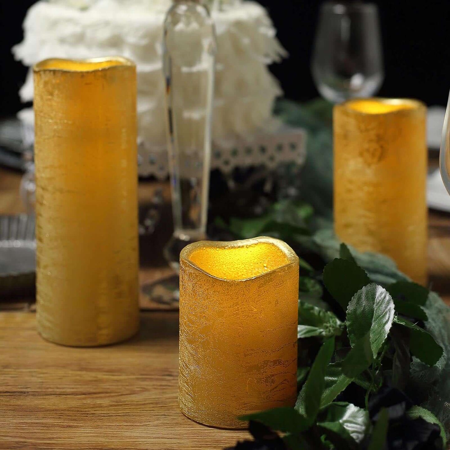 Set of 3 LED Flameless Pillar Candles Remote Operated Metallic Gold - Battery Powered 4", 6", 8"