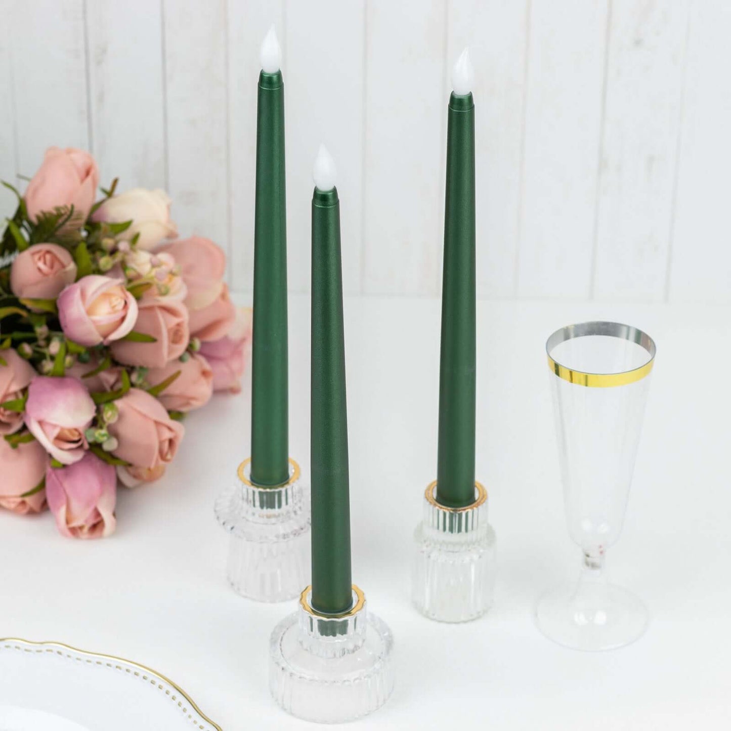 3-Pack LED Decorative Lighting Warm Flickering Hunter Emerald Green - Flameless Taper Candles 11"