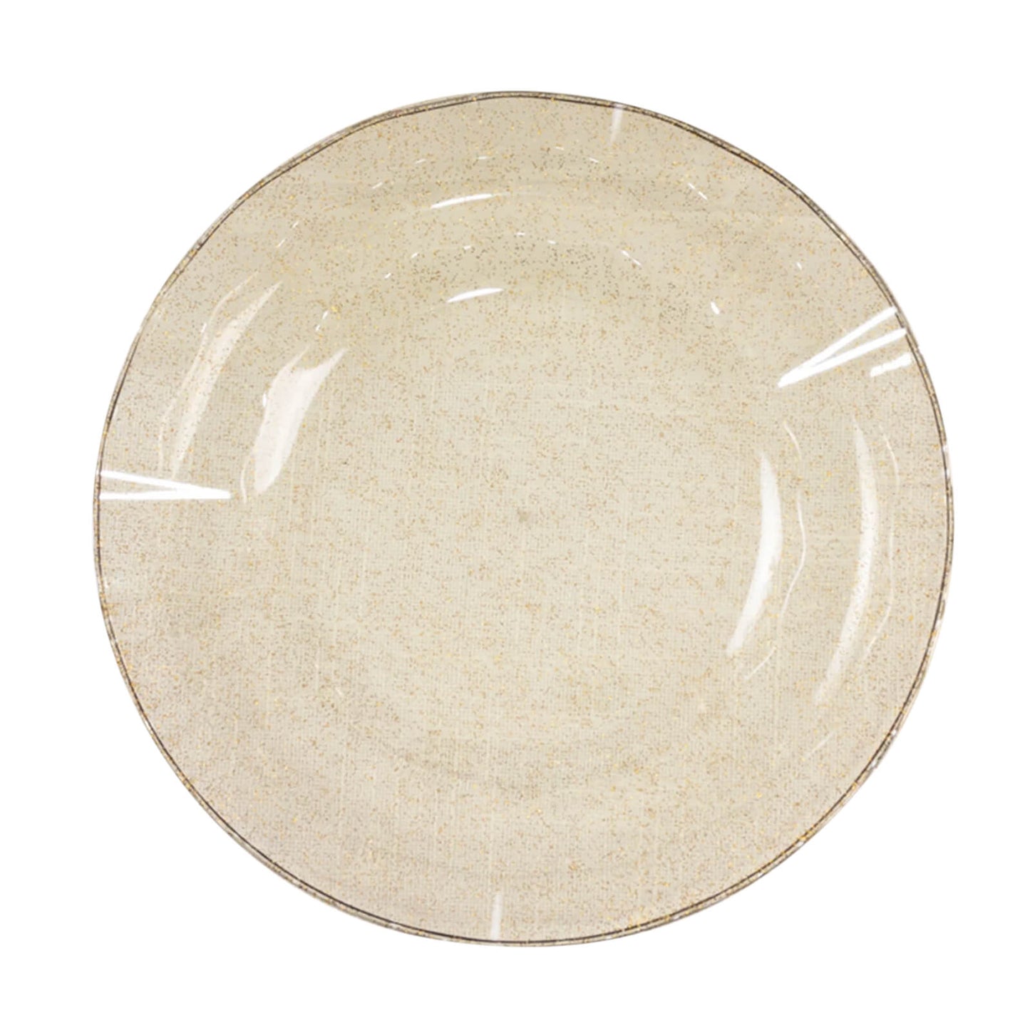 10-Pack Plastic 9" Round Dinner Plates in Gold Glitter with Ruffled Rim - Transparent Sturdy Disposable Dinnerware