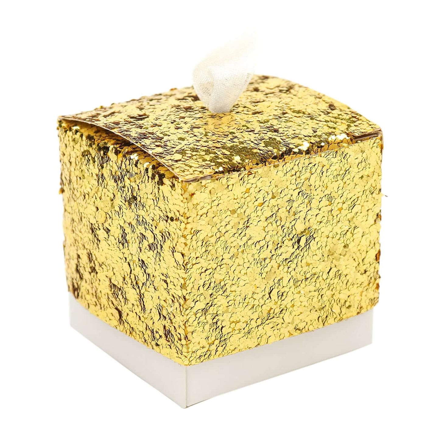 25 Pack 2" Gold Sequin Glitter Party Favor Boxes With White Ribbon Loop, Wedding Favor Gift Boxes, Candy Cases