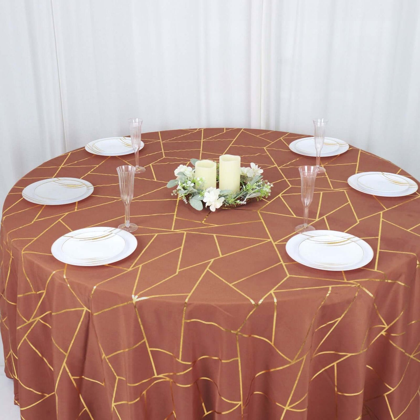 Polyester 120" Round Tablecloth Terracotta (Rust) with Gold Foil Geometric Pattern Wrinkle-Resistant Seamless Table Cover
