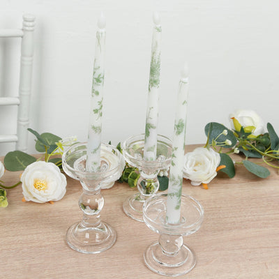 6-Pack 11" Flameless LED Taper Candles, Flickering Battery Operated â€“ White & Sage Green French Toile Pattern