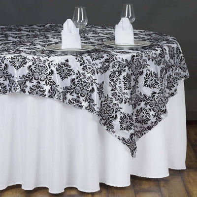 Flocking 90’’x90’’ Table Overlay Square Tablecloth Black - Damask Design for Sophisticated Occasions - Overlays