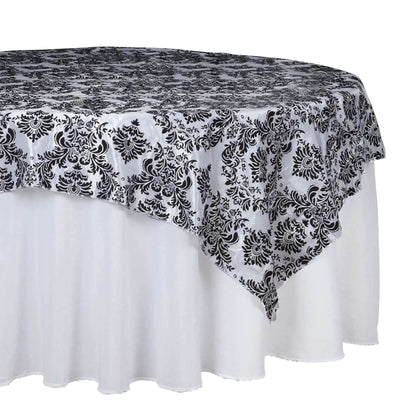 Flocking 90’’x90’’ Table Overlay Square Tablecloth Black - Damask Design for Sophisticated Occasions - Overlays