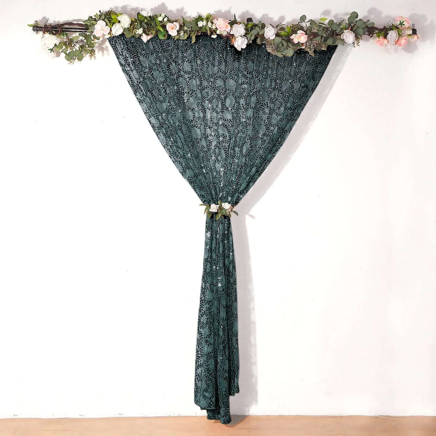8ftx8ft Hunter Emerald Green Embroider Sequin Event Curtain Drapes, Sparkly Sheer Backdrop Event Panel With Embroidery Leaf