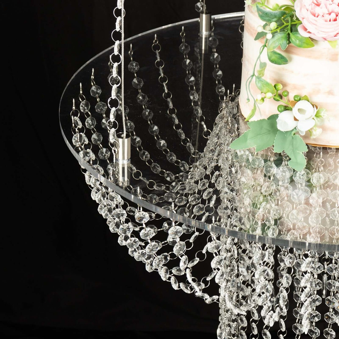 Acrylic Hanging Chandelier Cake Stand with Crystal Drapes - Suspended Round Wedding Cake Swing with 5ft Steel Wire Chains 25"