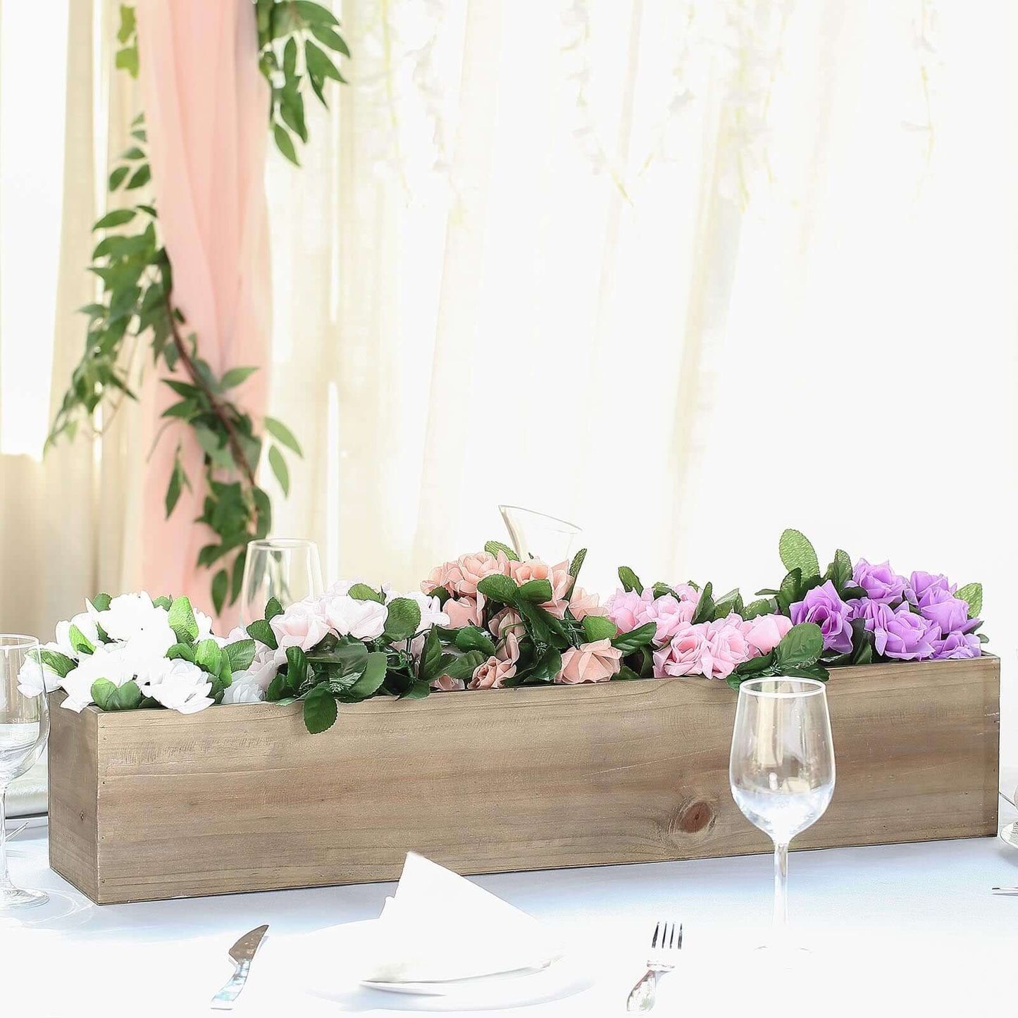 Natural Wood Planter Rectangular Box 30"x6"- Durable Decor with Removable Plastic Liner for Tables
