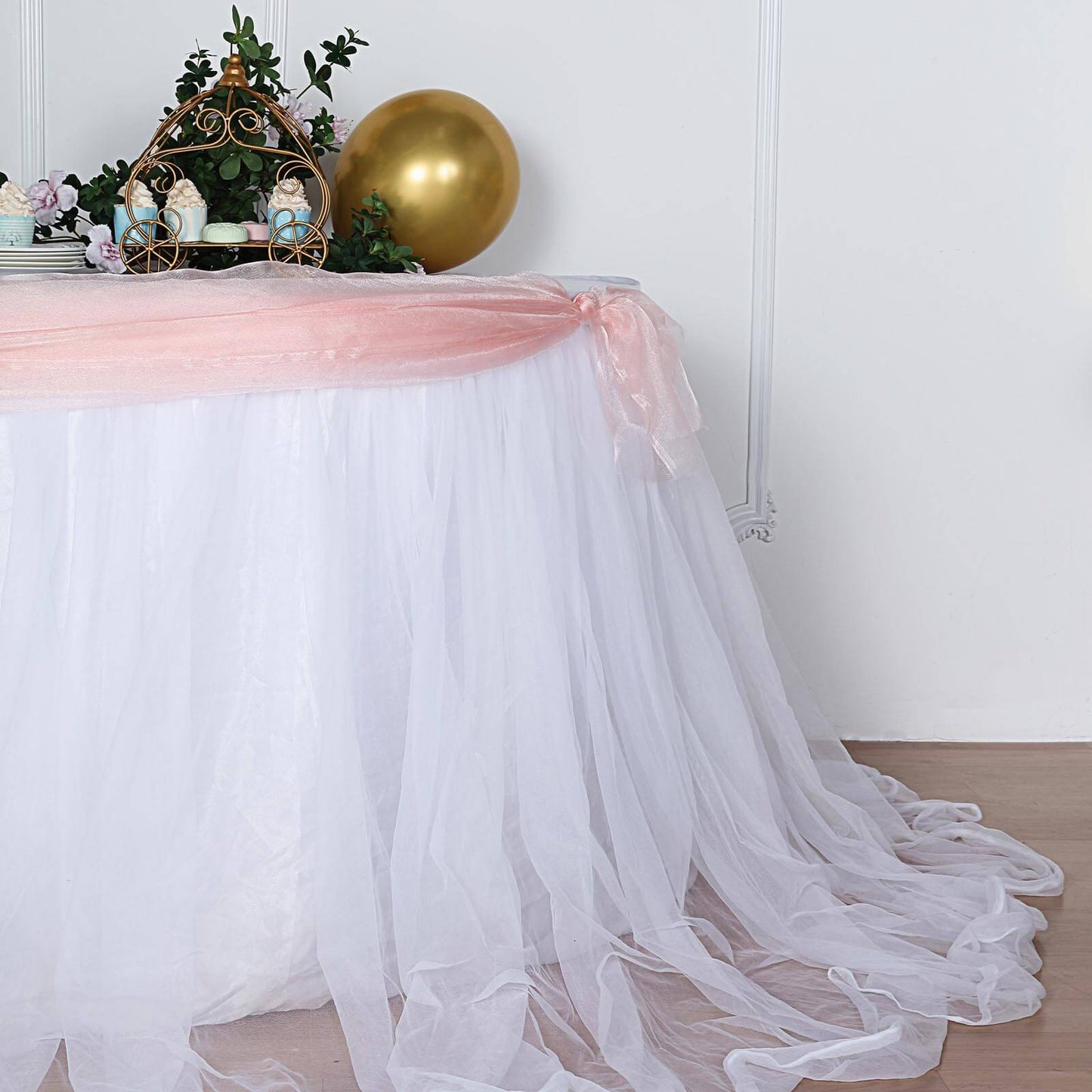 Extra Long Tulle 17ft Table Skirt White with Satin Edge - Table Cover for Baby Showers & Events