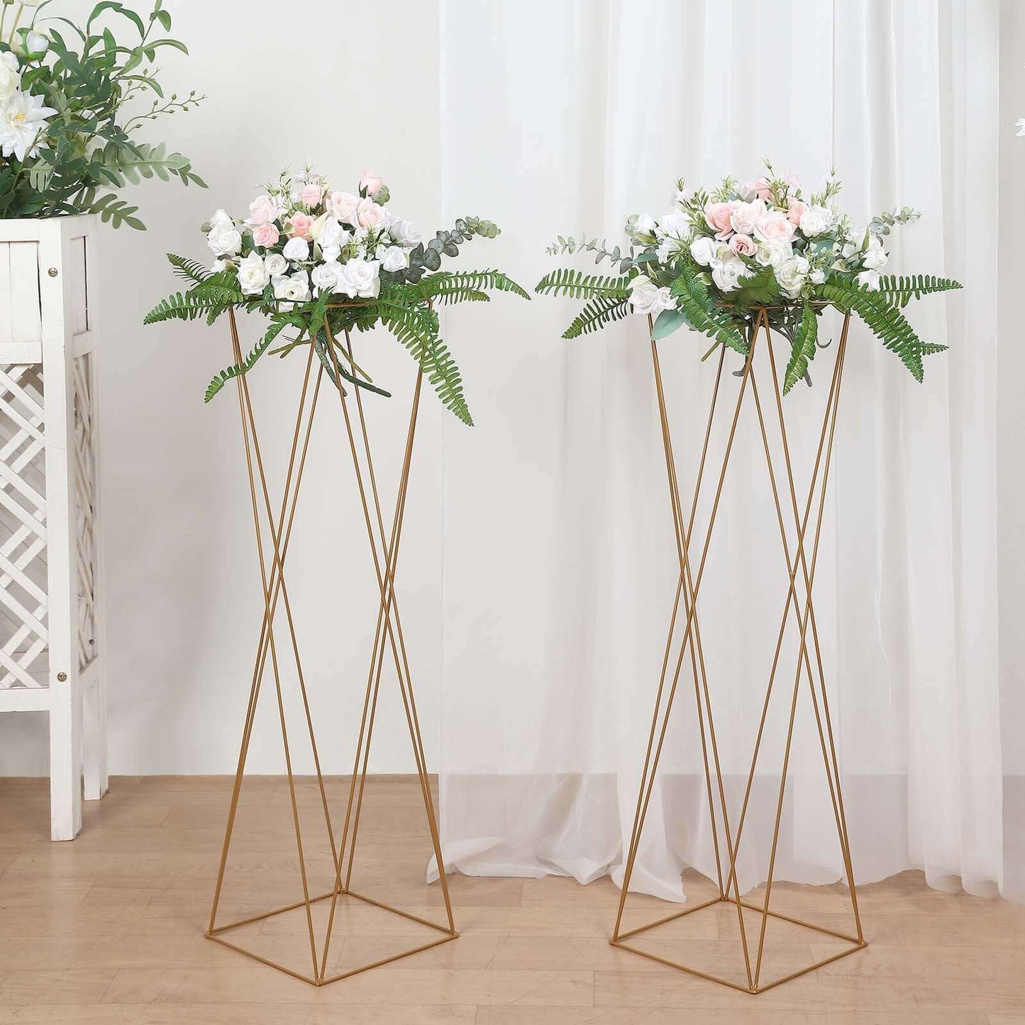 2-Pack Wedding Centerpieces Metal Geometric Crisscross Design Gold - Open Column Pedestal Stands 32"