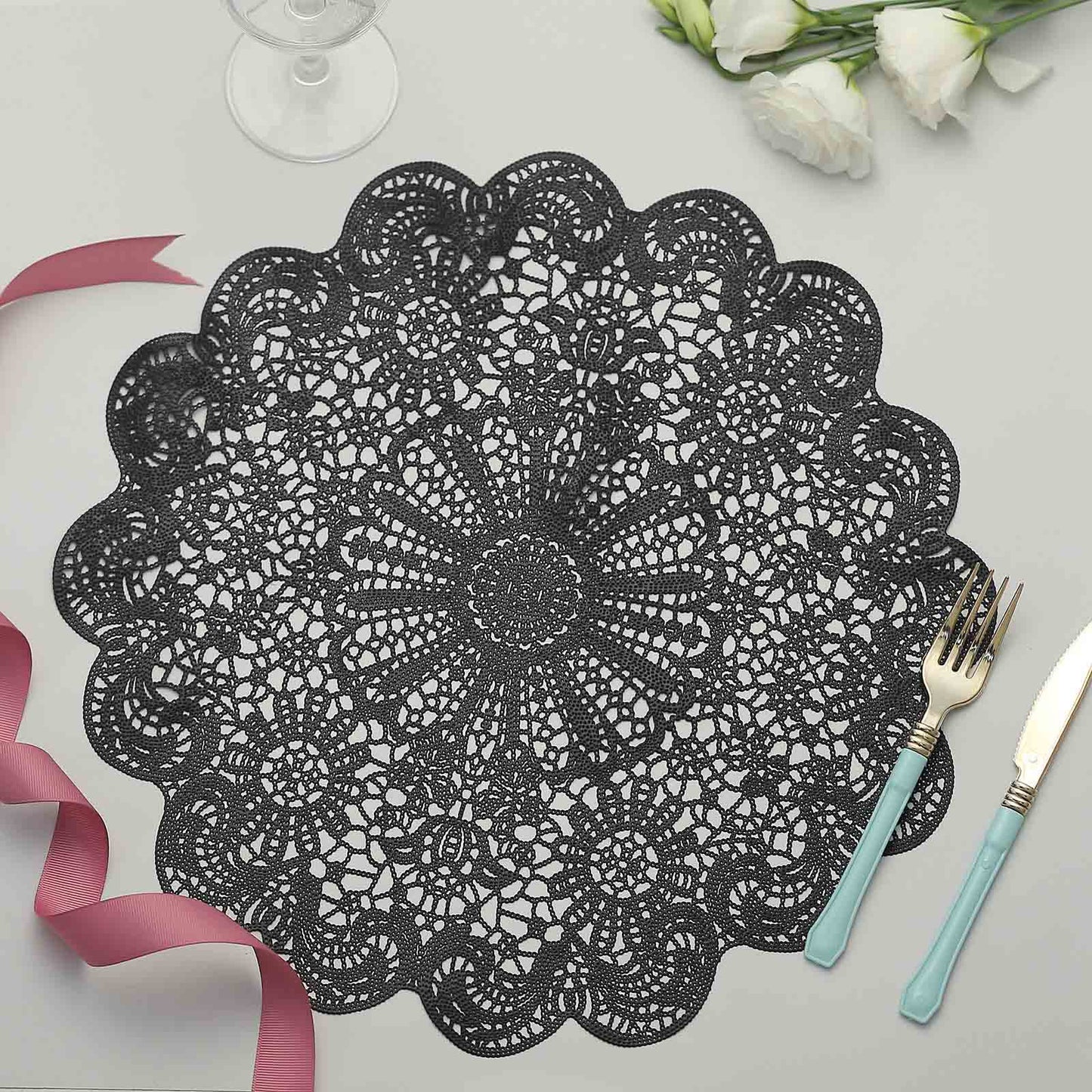 6-Pack Dining Table Mats Floral Lace Design Black - Vinyl Non-Slip Surface with Vintage Appeal 15"