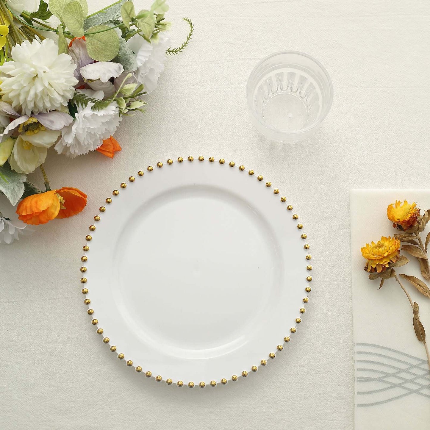 10-Pack White Plastic Dessert Plates â€“ 8" Round with Gold Beaded Rim, Disposable for Parties & Events