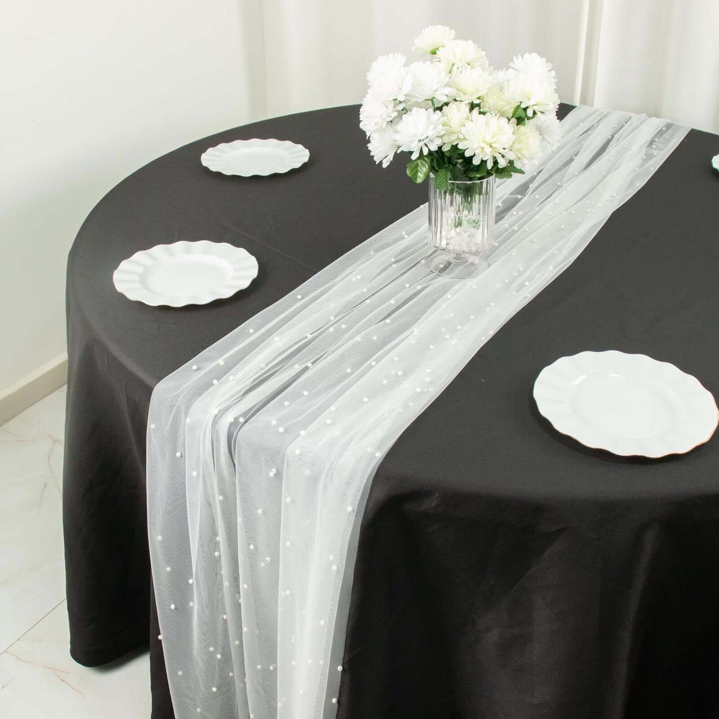 Sheer Tulle 48"x120" Table Runner White Pearl Embellished - Stylish Wedding & Event Table Linen