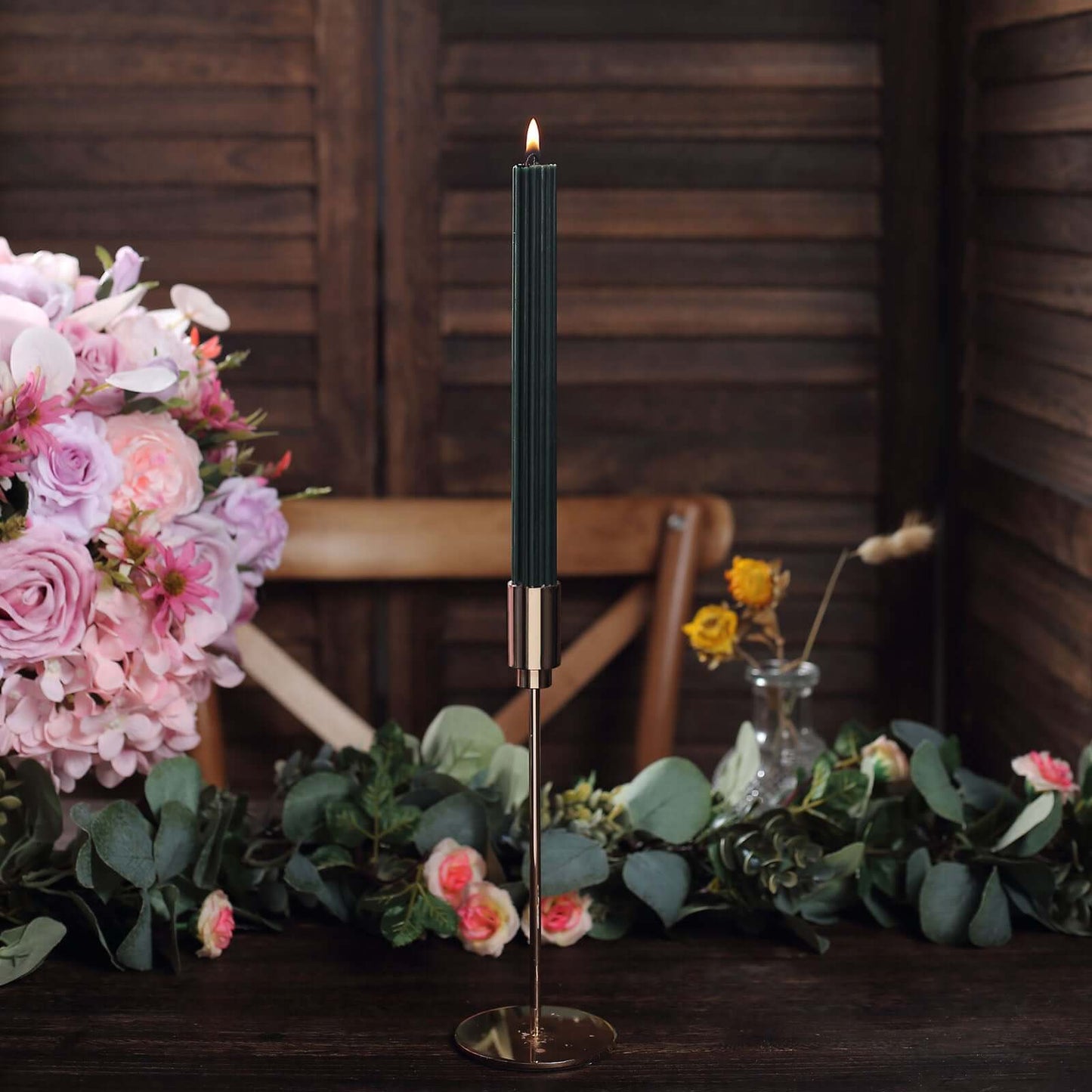 5-Pack Taper Candles Ribbed Wick Ribbon Wax Design Hunter Emerald Green - Premium Unscented Dinner Candles 9"