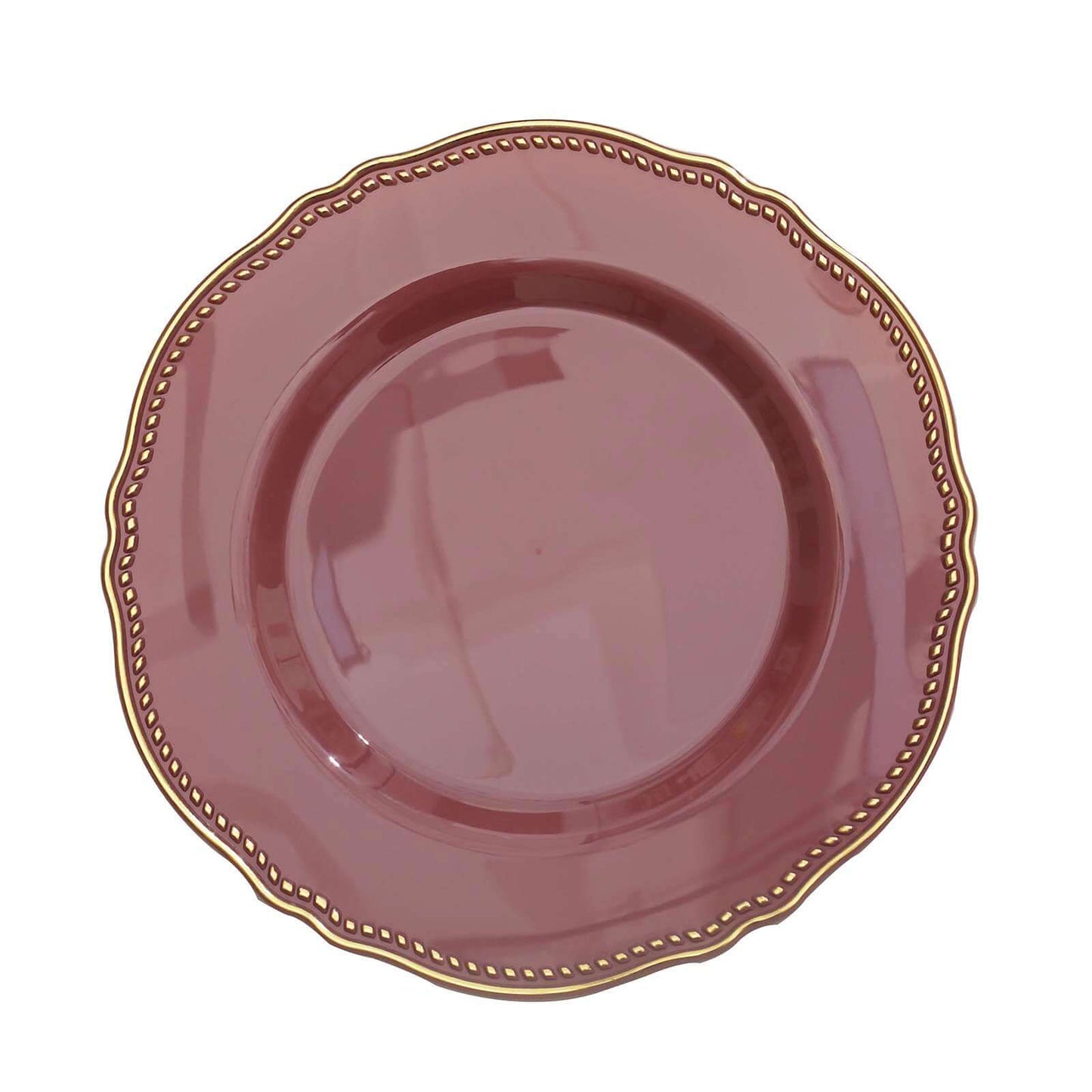 10-Pack Plastic 10" Dinner Plates in Cinnamon Rose with Gold Scalloped Rim - Disposable Large Party Plates