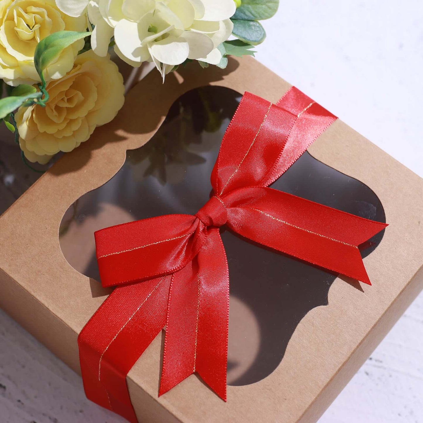 50 Pcs 10" Red Pre Tied Ribbon Bows, Satin Ribbon With Gold Foil Lining For Gift Basket and Party Favors Decor