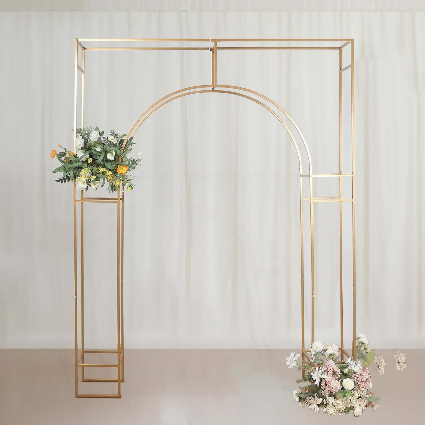 8ft Heavy Duty Gold Metal Rectangular Wedding Arch in Arc de Triomphe Style, 3D Floral Balloon Frame Backdrop Stand
