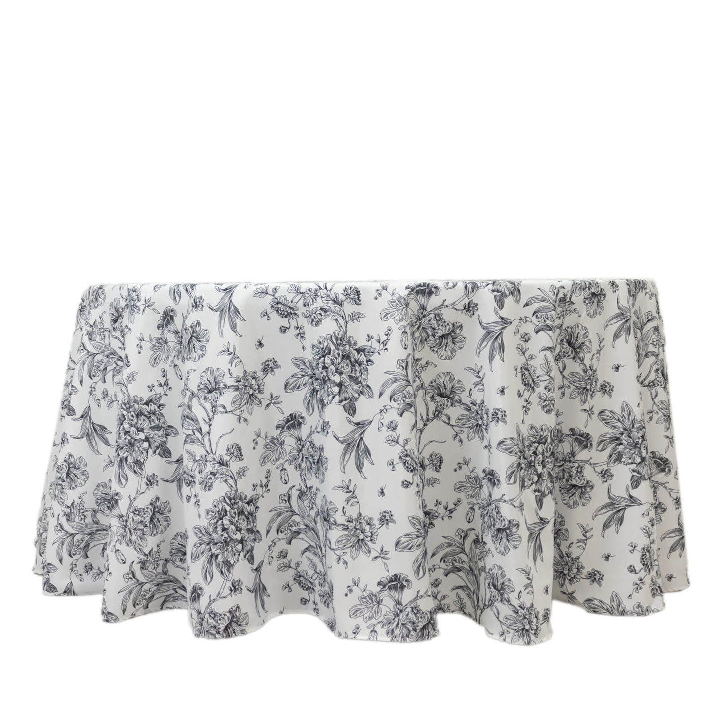 Polyester 120" Round Tablecloth White - Black French Toile Pattern for Chic Weddings