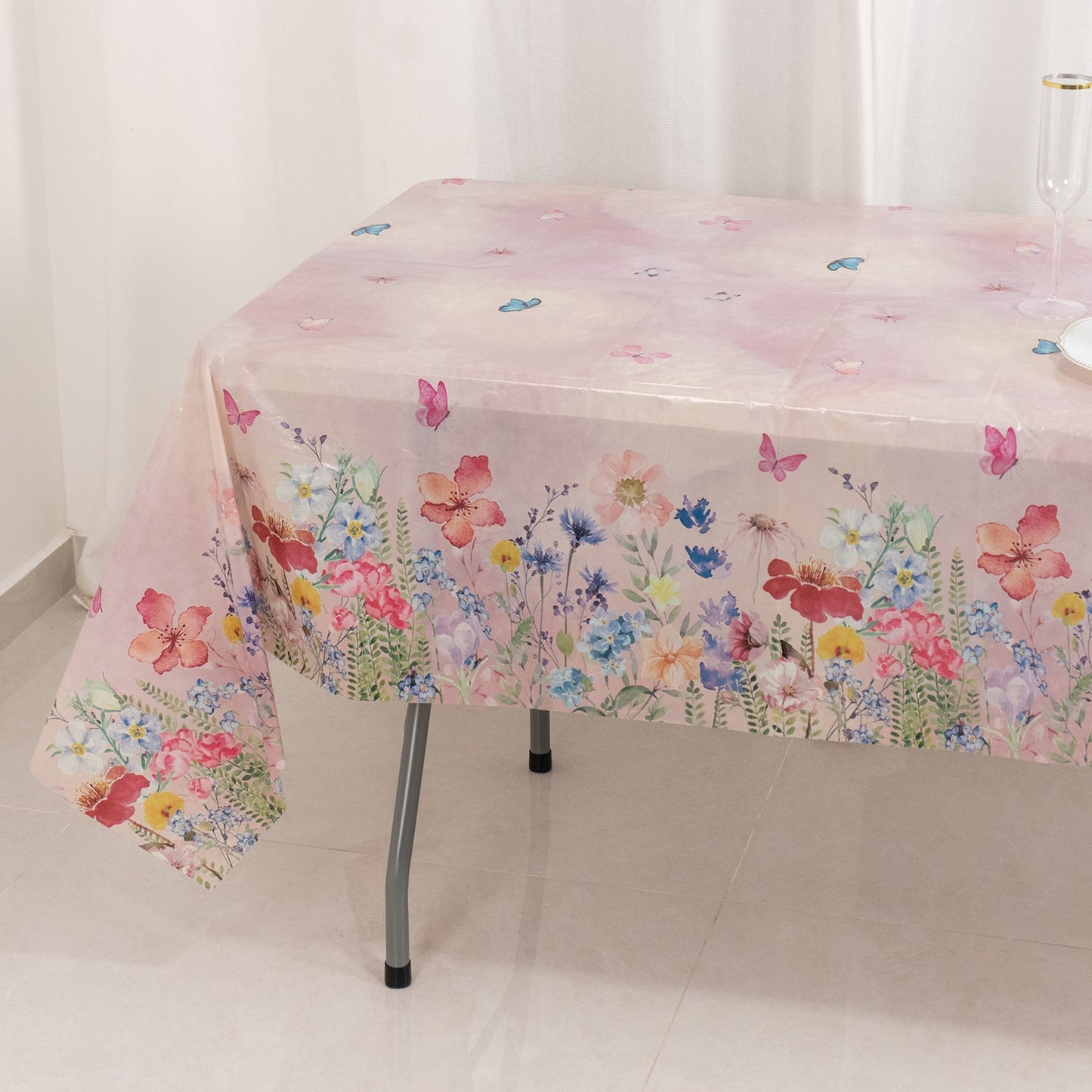 5-Pack Plastic Table Covers Blush Rectangle with Butterfly Floral Print - Decorative PVC Disposable Covers 54"x108"
